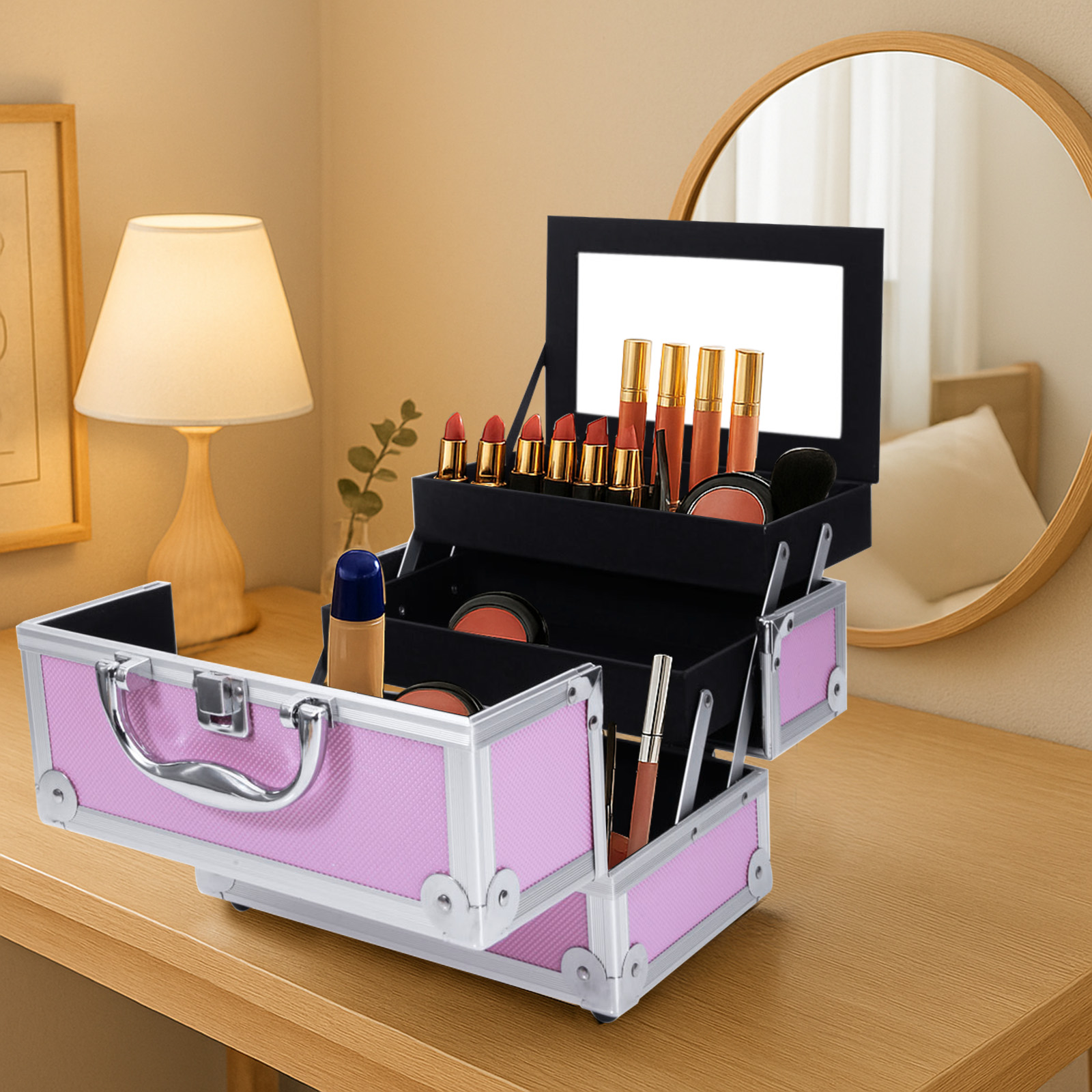 Travel Accessories Pink - Pink Aluminum Alloy Makeup Case, Double